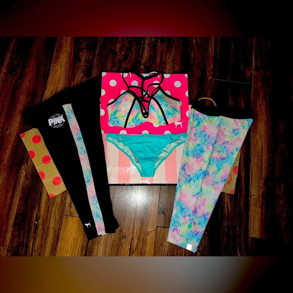 VS PINK Neon Pastel Print Set. Swimsuit & Capri Leggings. Size S/M.